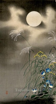 moon and blue flowers Ohara Koson floral decoration Oil Paintings